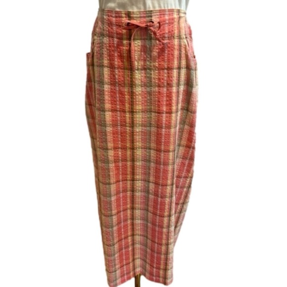 The J. Peterman Company Dresses & Skirts - J PETERMAN 90s PINK & OLIVE GREEN PLAID SEERSUCKER PENCIL MIDI SKIRT SZ 12